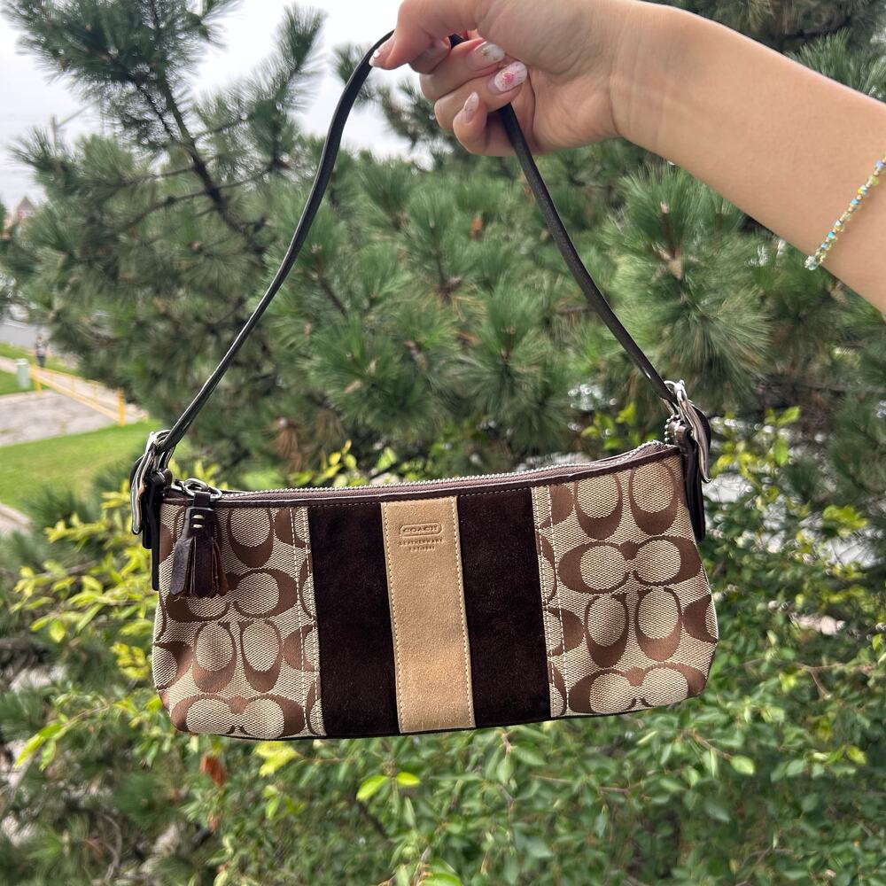 Vintage coach signature shoulder bag brown jacquard canvas & leather trim no e05